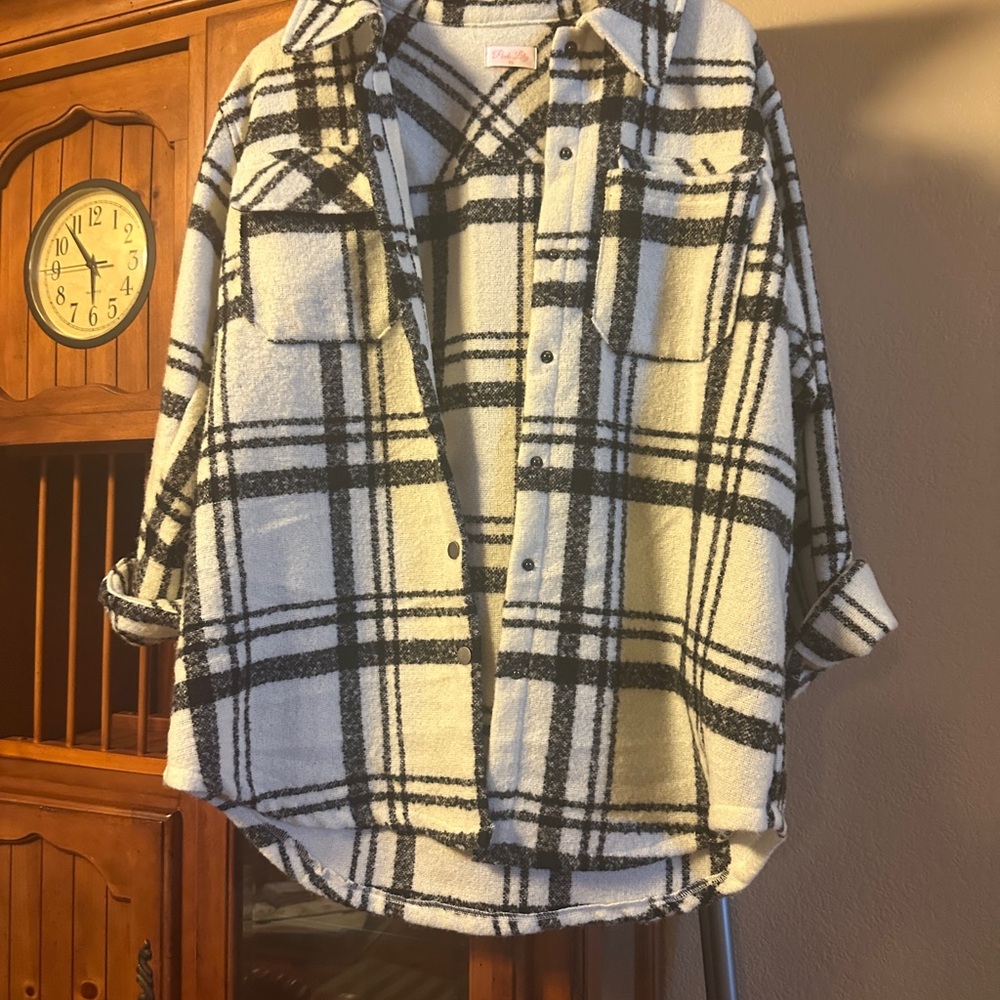 Pink Lily Black and White Plaid Top